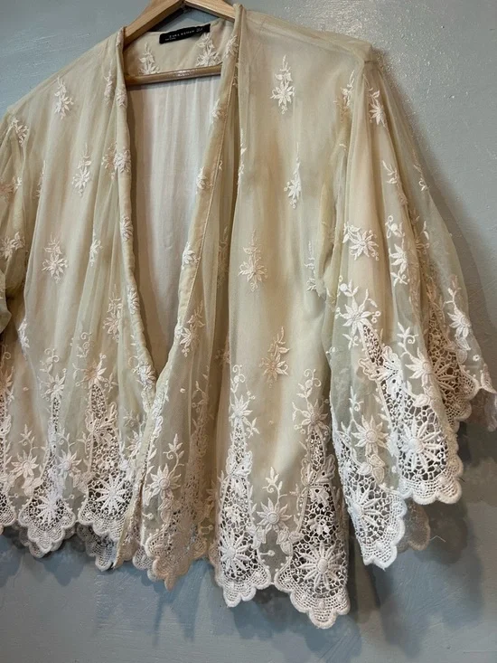 Zara Sheer Embroidered Kimono in Beige with White Lace - Picture 5 of 16